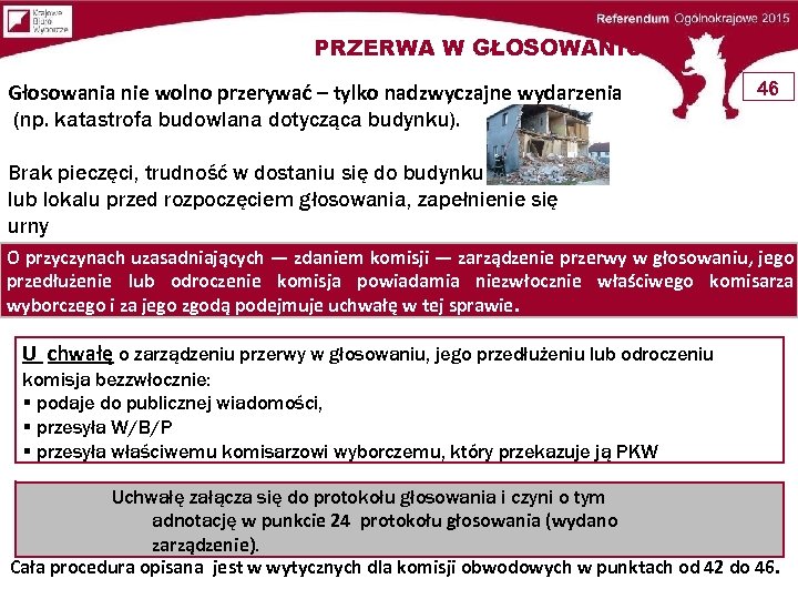 PRZERWA W GŁOSOWANIU Głosowania nie wolno przerywać – tylko nadzwyczajne wydarzenia (np. katastrofa budowlana