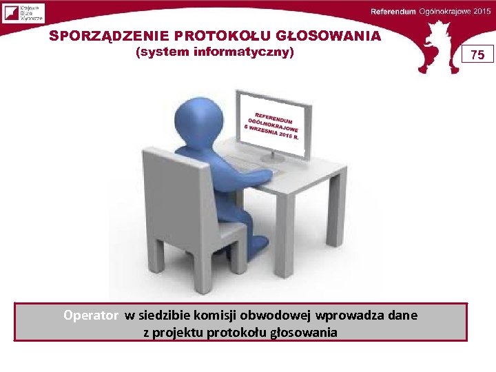 SPORZĄDZENIE PROTOKOŁU GŁOSOWANIA (system informatyczny) Operator w siedzibie komisji obwodowej wprowadza dane z projektu