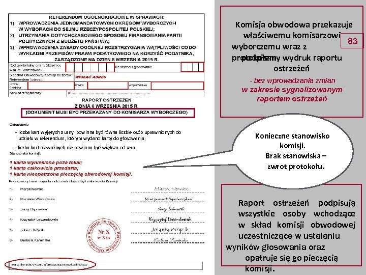 Komisja obwodowa przekazuje właściwemu komisarzowi 83 wyborczemu wraz z protokołem wydruk raportu podpisany ostrzeżeń