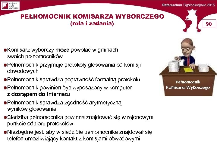 PEŁNOMOCNIK KOMISARZA WYBORCZEGO (rola i zadania) 90 Komisarz wyborczy może powołać w gminach swoich