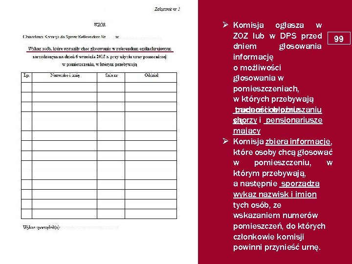  Komisja ogłasza w ZOZ lub w DPS przed 99 dniem głosowania informację o
