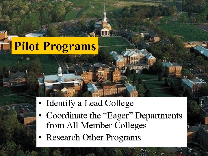 Pilot Programs • Identify a Lead College • Coordinate the “Eager” Departments from All