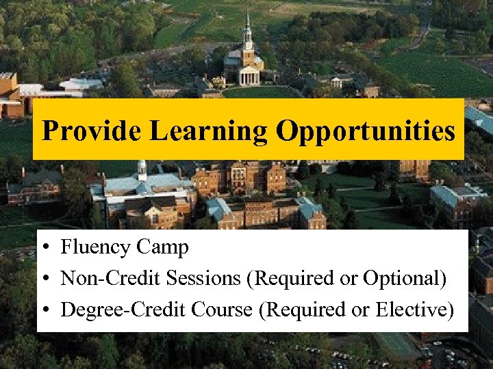 Provide Learning Opportunities • Fluency Camp • Non-Credit Sessions (Required or Optional) • Degree-Credit