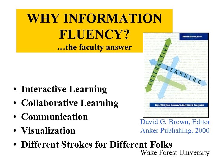 WHY INFORMATION FLUENCY? …the faculty answer • • • Interactive Learning Collaborative Learning Communication