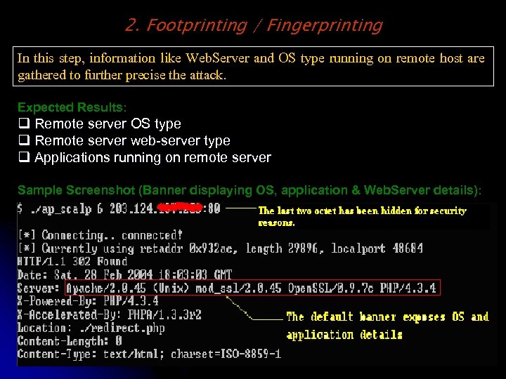 2. Footprinting / Fingerprinting In this step, information like Web. Server and OS type