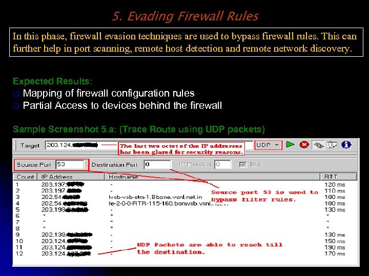5. Evading Firewall Rules In this phase, firewall evasion techniques are used to bypass