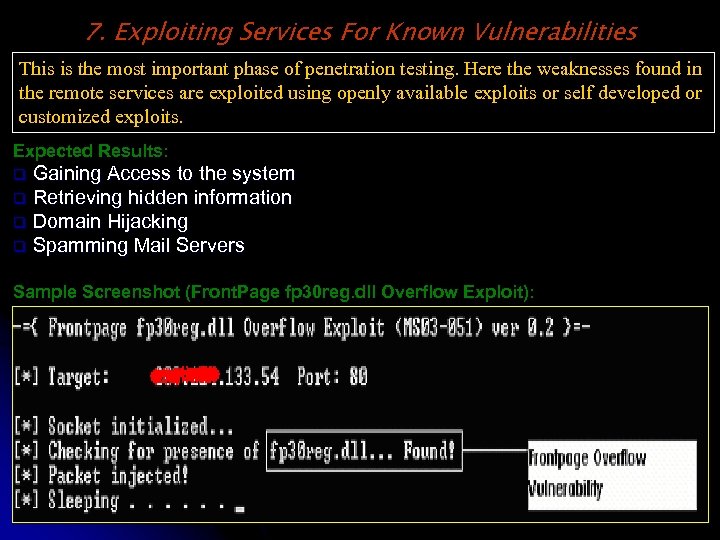 7. Exploiting Services For Known Vulnerabilities This is the most important phase of penetration