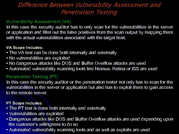 Difference Between Vulnerability Assessment and Penetration Testing Vulnerability Assessment (VA) In this case the