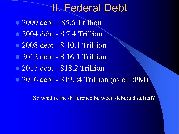 II. Federal Debt l 2000 debt – $5. 6 Trillion l 2004 debt -