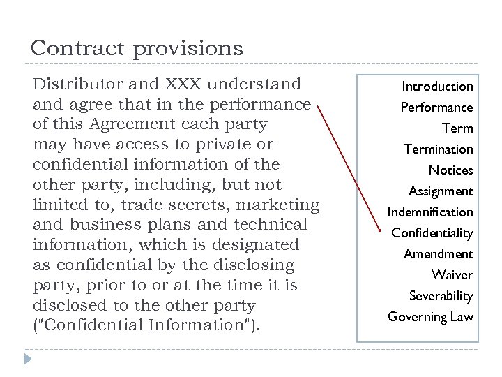 Contract provisions Distributor and XXX understand agree that in the performance of this Agreement