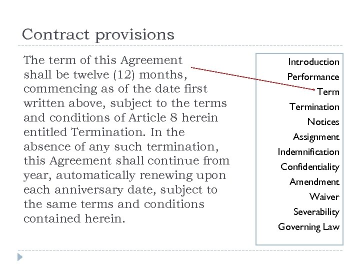 Contract provisions The term of this Agreement shall be twelve (12) months, commencing as