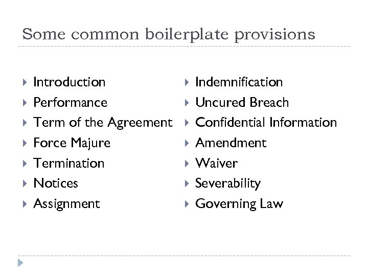 Some common boilerplate provisions Introduction Performance Term of the Agreement Force Majure Termination Notices