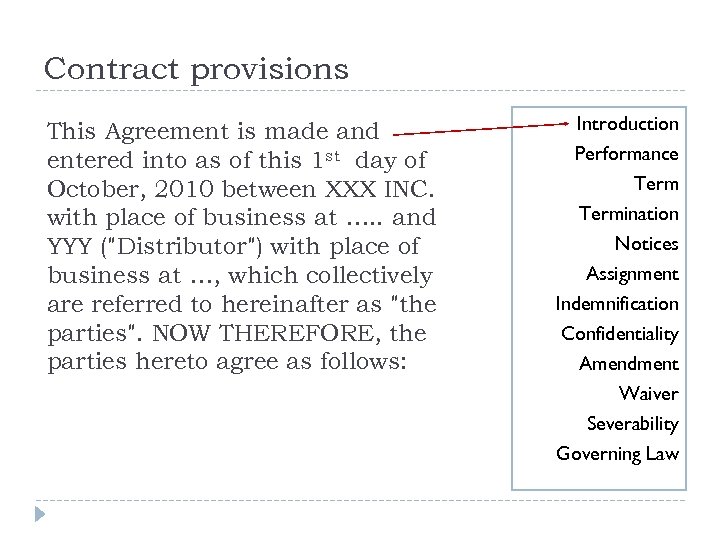 Contract provisions This Agreement is made and entered into as of this 1 st