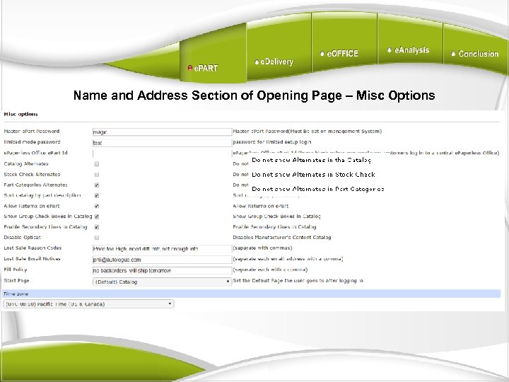 Name and Address Section of Opening Page – Misc Options 