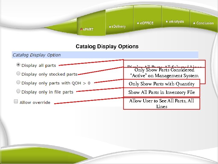 Catalog Display Options Display All Parts, All. Considered Only Show Parts Selected Lines “Active”