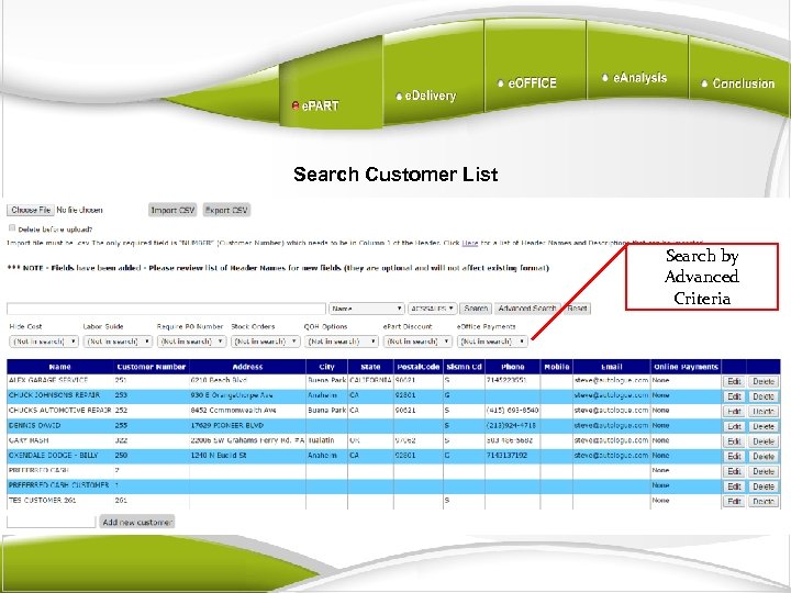 Search Customer List Search by Advanced Criteria 