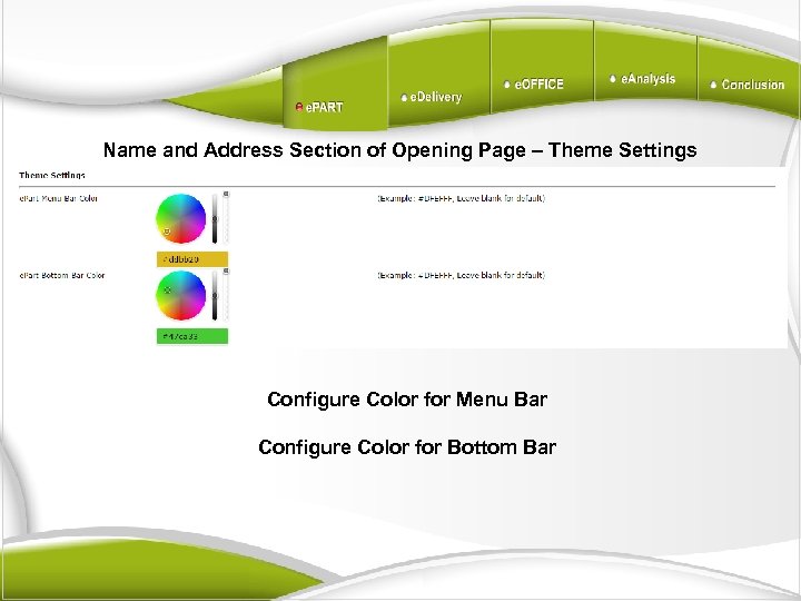 Name and Address Section of Opening Page – Theme Settings Configure Color for Menu