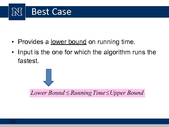 Best Case • Provides a lower bound on running time. • Input is the