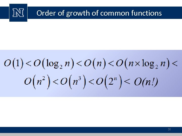 Order of growth of common functions < O(n!) 31 