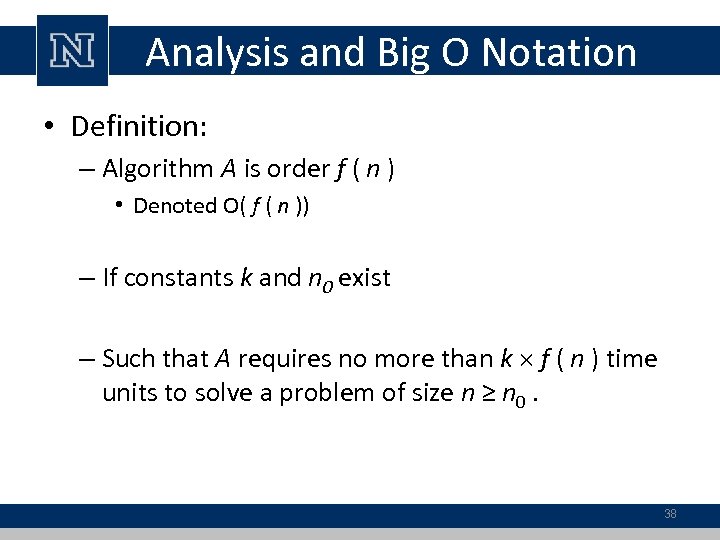 Analysis and Big O Notation • Definition: – Algorithm A is order f (