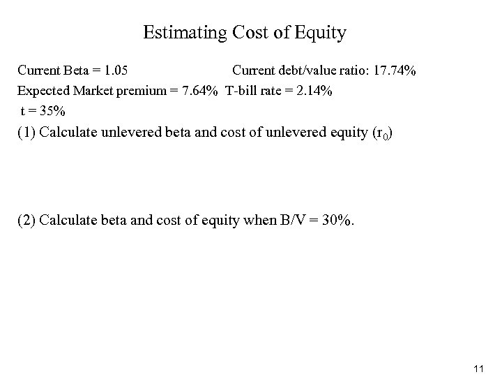 Estimating Cost of Equity Current Beta = 1. 05 Current debt/value ratio: 17. 74%
