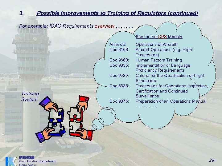 3. Possible Improvements to Training of Regulators (continued) For example: ICAO Requirements overview ……….