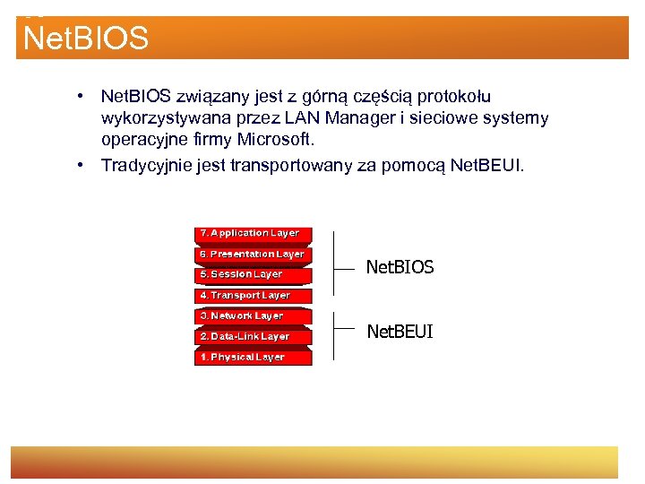 Net. BIOS • Net. BIOS związany jest z górną częścią protokołu wykorzystywana przez LAN