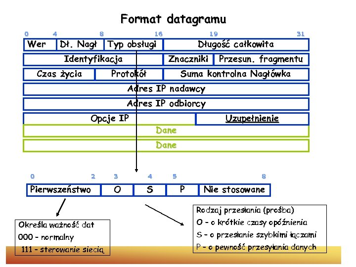 Format datagramu 0 Wer 4 Dł. Nagł 8 16 Typ obsługi Identyfikacja Czas życia