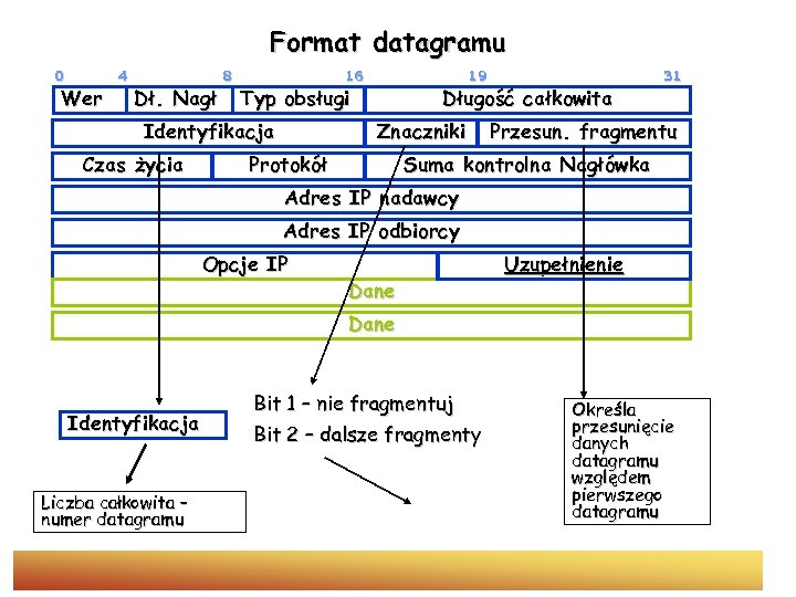 Format datagramu 0 Wer 4 Dł. Nagł 8 16 Typ obsługi Identyfikacja Czas życia