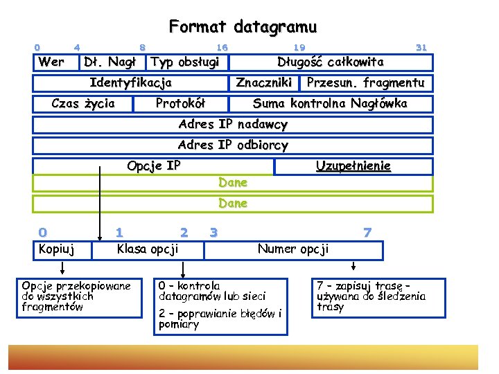 Format datagramu 0 Wer 4 Dł. Nagł 8 16 Typ obsługi Identyfikacja Czas życia