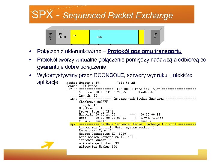 SPX - Sequenced Packet Exchange • • Połączenie ukierunkowane – Protokół poziomu transportu •