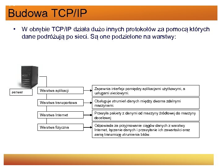 Budowa TCP/IP • W obrębie TCP/IP działa dużo innych protokołów za pomocą których dane