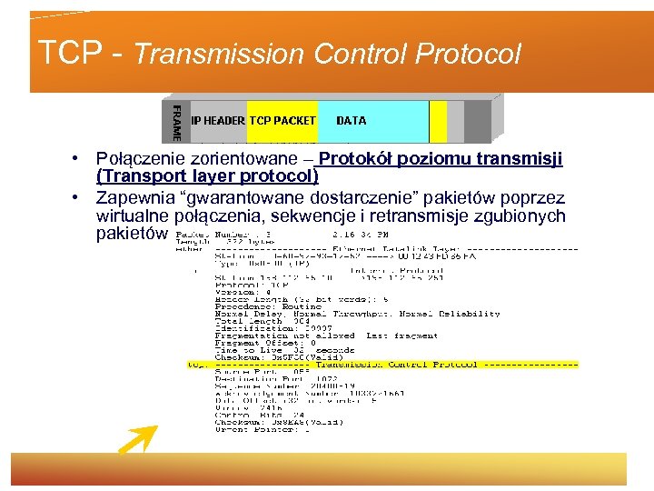 TCP - Transmission Control Protocol • Połączenie zorientowane – Protokół poziomu transmisji (Transport layer