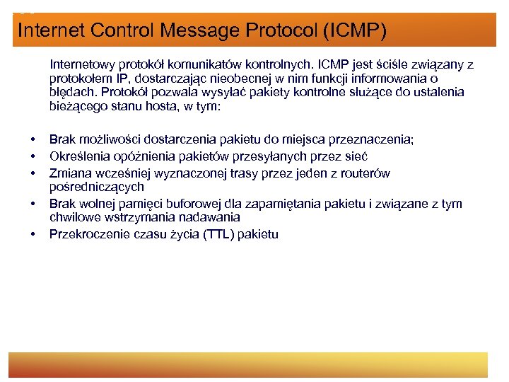 Internet Control Message Protocol (ICMP) Internetowy protokół komunikatów kontrolnych. ICMP jest ściśle związany z