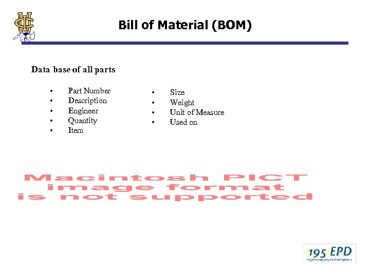 Bill of Material (BOM) Data base of all parts • • • Part Number