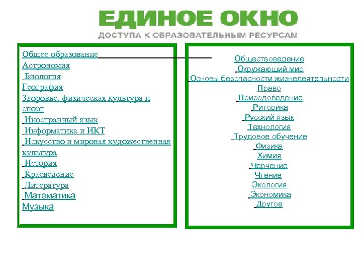 Общее образование Астрономия Биология География Здоровье, физическая культура и спорт Иностранный язык Информатика и