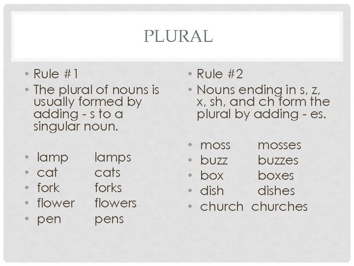 PLURAL • Rule #1 • The plural of nouns is usually formed by adding