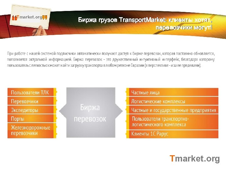 Tmarket. org LOGO Биржа грузов Transport. Market: клиенты хотят, перевозчики могут! Tmarket. org 
