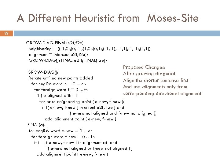 A Different Heuristic from Moses-Site 23 GROW-DIAG-FINAL(e 2 f, f 2 e): neighboring =