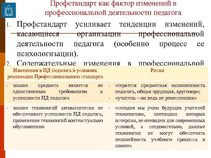 Профстандарт как фактор изменений в профессиональной деятельности педагога Профстандарт усиливает тенденции изменений, касающиеся организации