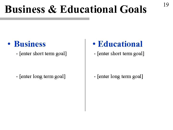 Business & Educational Goals • Business • Educational - [enter short term goal] -