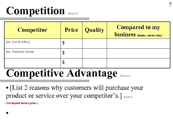 Competition Competitor 7 Chapter 8 Price [ex. Local seller] Compared to my business (better,