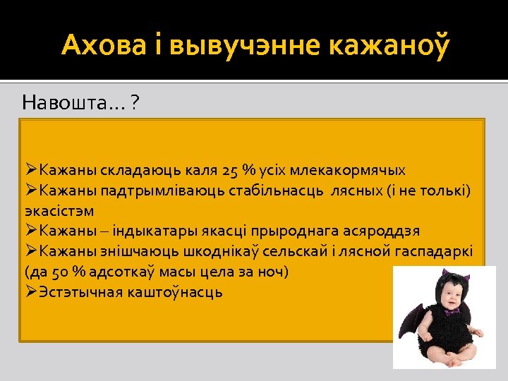 Ахова і вывучэнне кажаноў Навошта… ? ØКажаны складаюць каля 25 % усіх млекакормячых ØКажаны