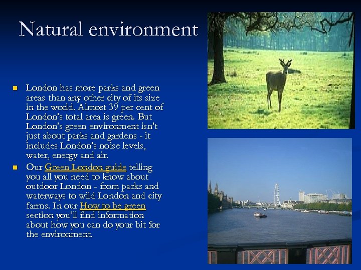 Natural environment n n London has more parks and green areas than any other