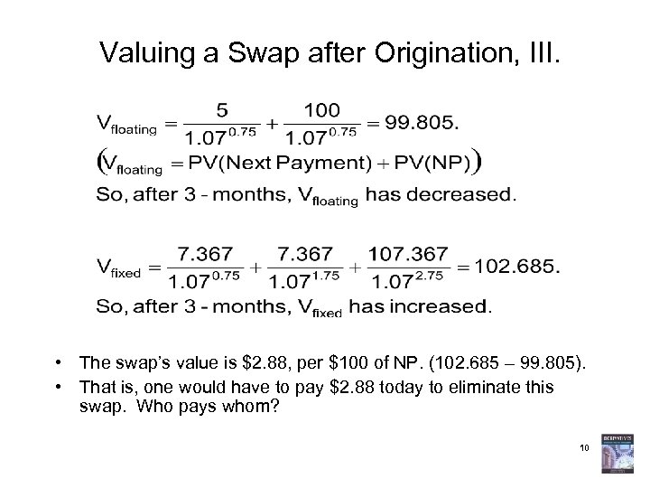 Valuing a Swap after Origination, III. • The swap’s value is $2. 88, per