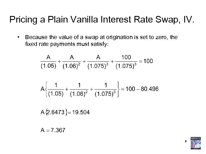 Pricing a Plain Vanilla Interest Rate Swap, IV. • Because the value of a