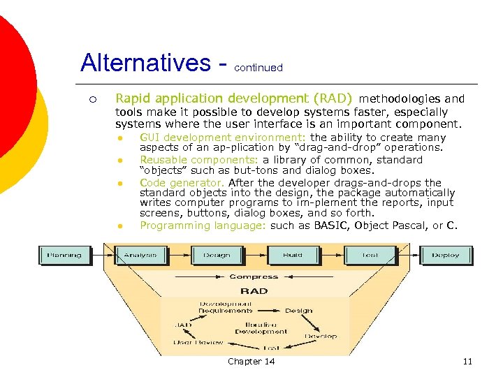 Alternatives - continued ¡ Rapid application development (RAD) methodologies and tools make it possible