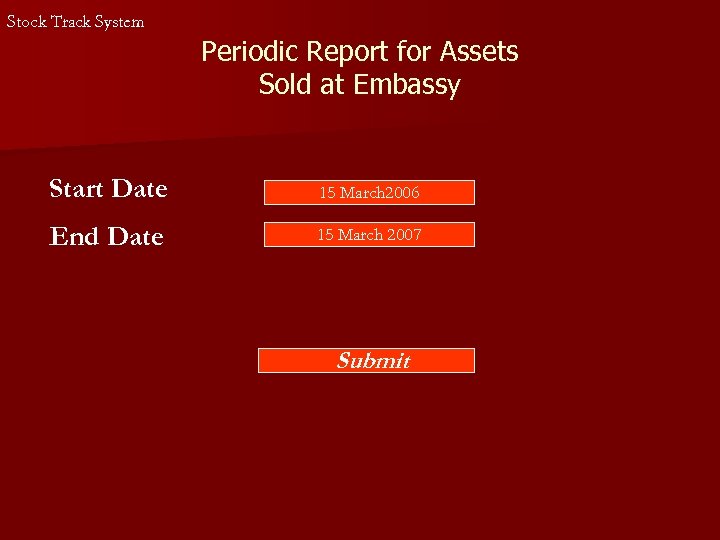 Stock Track System Periodic Report for Assets Sold at Embassy Start Date 15 March