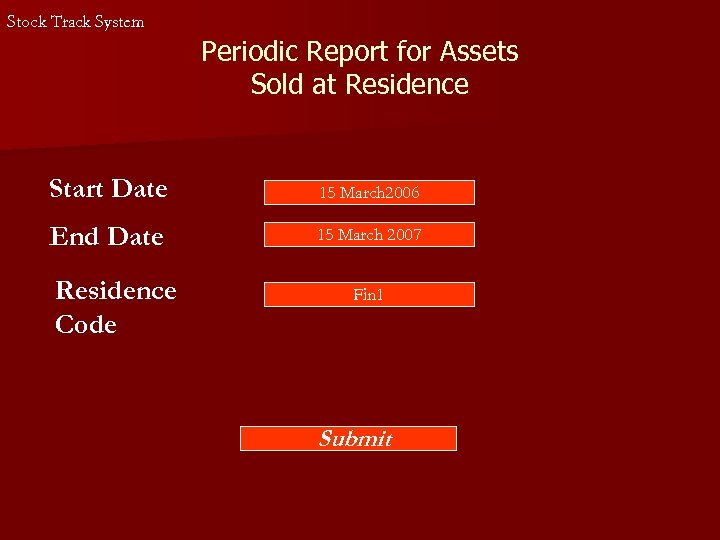 Stock Track System Periodic Report for Assets Sold at Residence Start Date 15 March