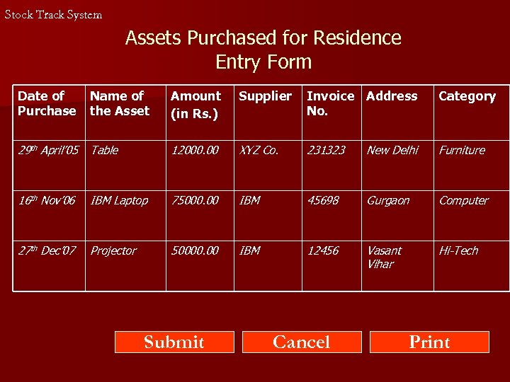 Stock Track System Assets Purchased for Residence Entry Form Date of Purchase Name of